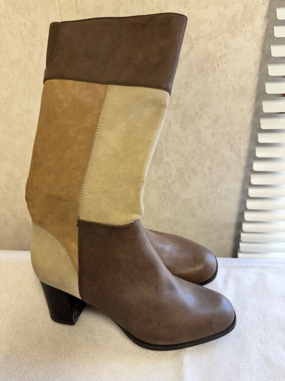 New York Transit Brown and Cream Colorblock Mid-Calf Block Heel Boots
